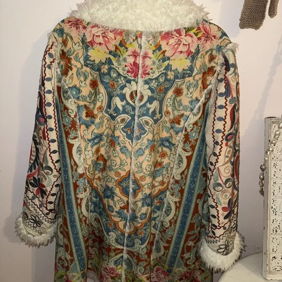Johnny Was Patterned Afghan Coat with Faux Fur Trim